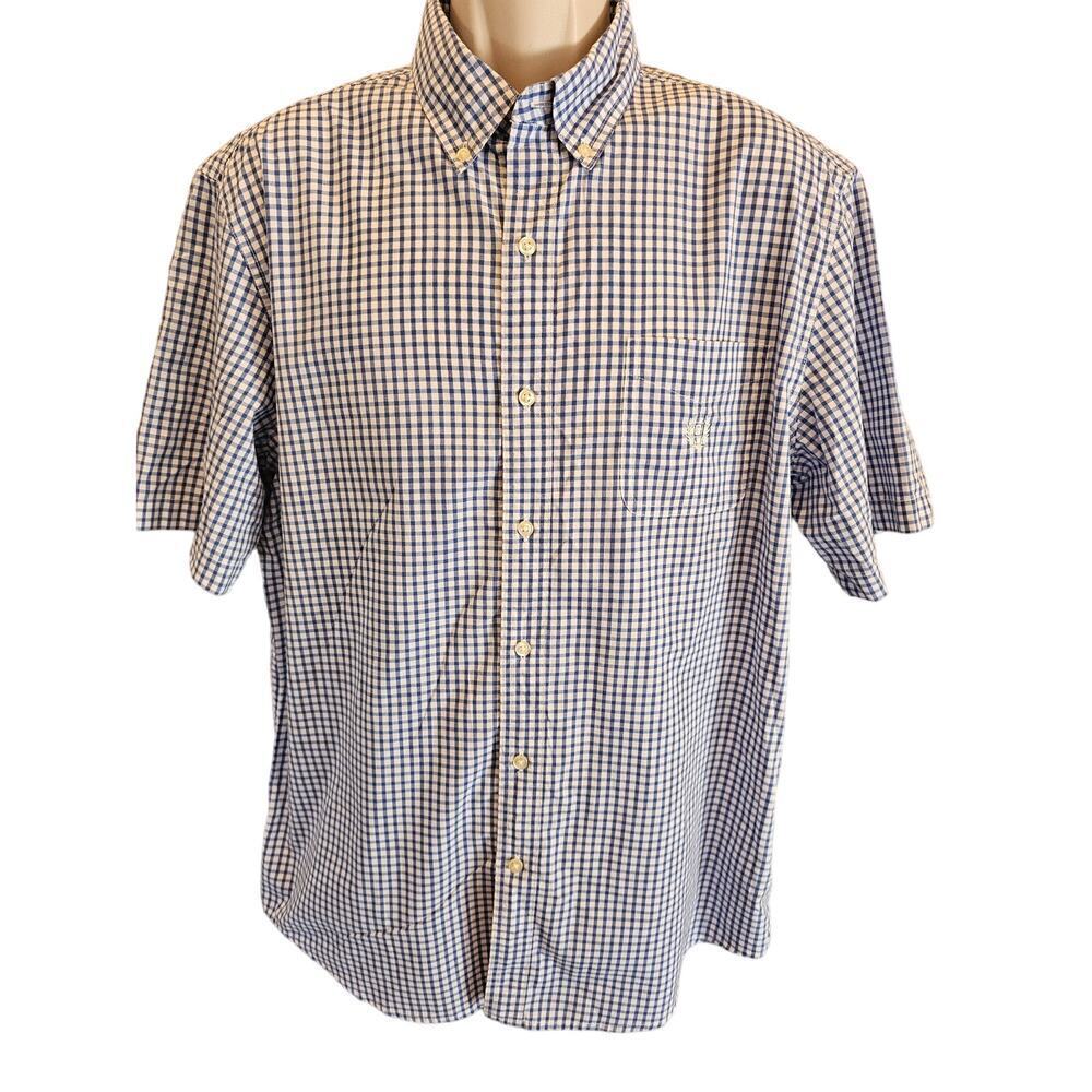 Chaps Easy Care size XL Blue checks Men short sleeve no iron casual button up ^